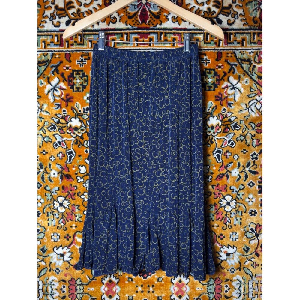 90s VTG Navy Bubble Print Slinky Knit Liquid Metal Flare Skirt Made in USA sz XS